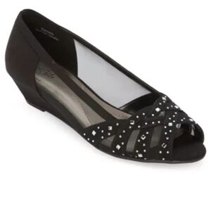 East 5th Black Studded Peep-Toe Low Wedge